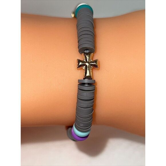 Cross With Rhinestone Colorful Heishi Beaded Bracelets Stretch Gold Tone Beach - Picture 3 of 6